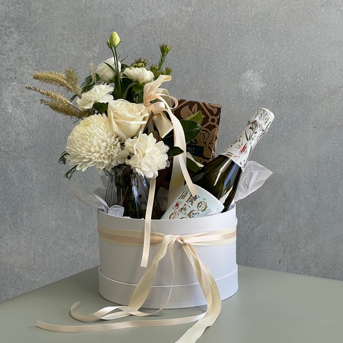 Gift Box soft Neutrals flowers chocolates and prosecco